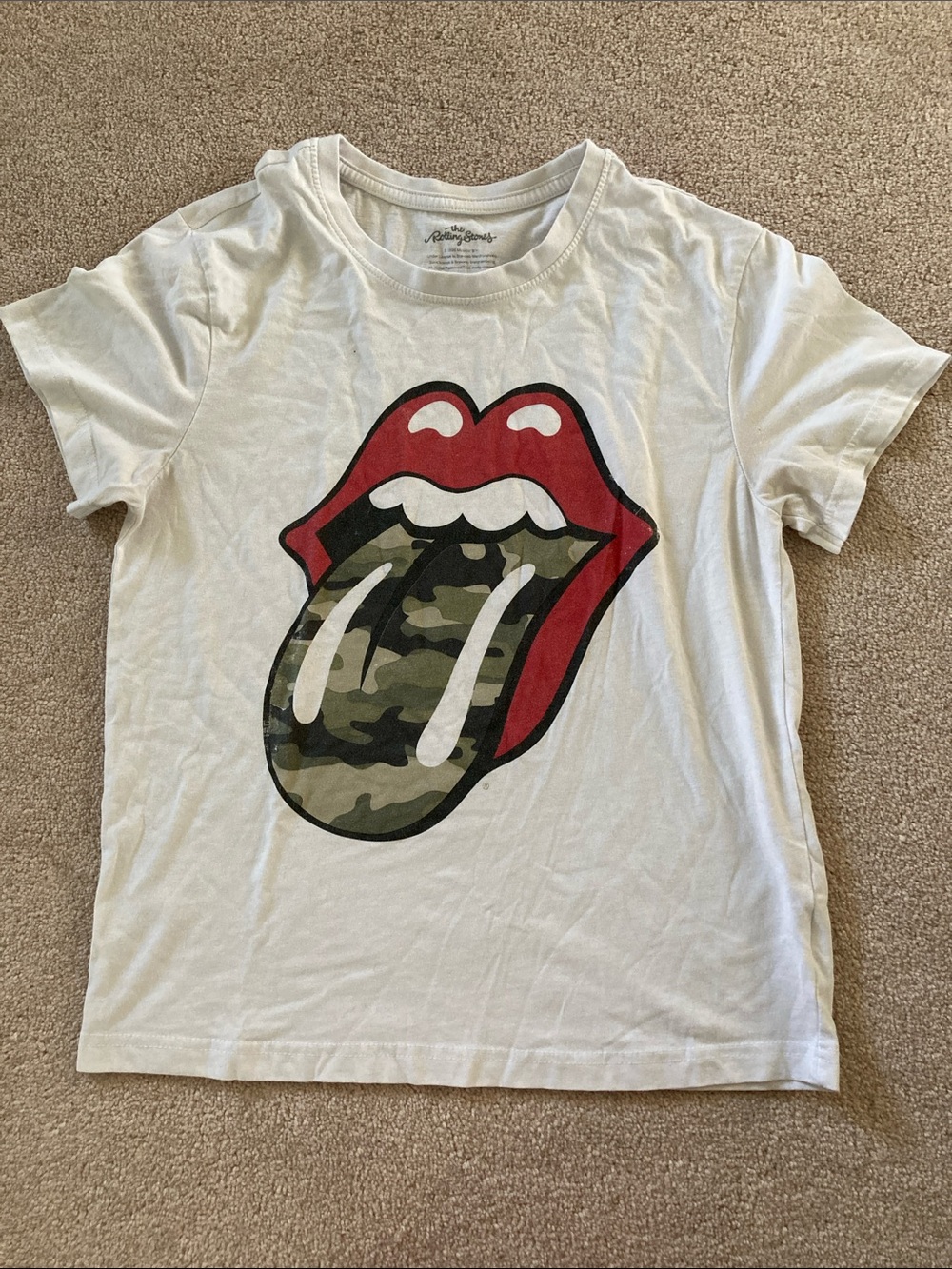 Bluenotes White Tee with Red Lips and Green Camo Tongue